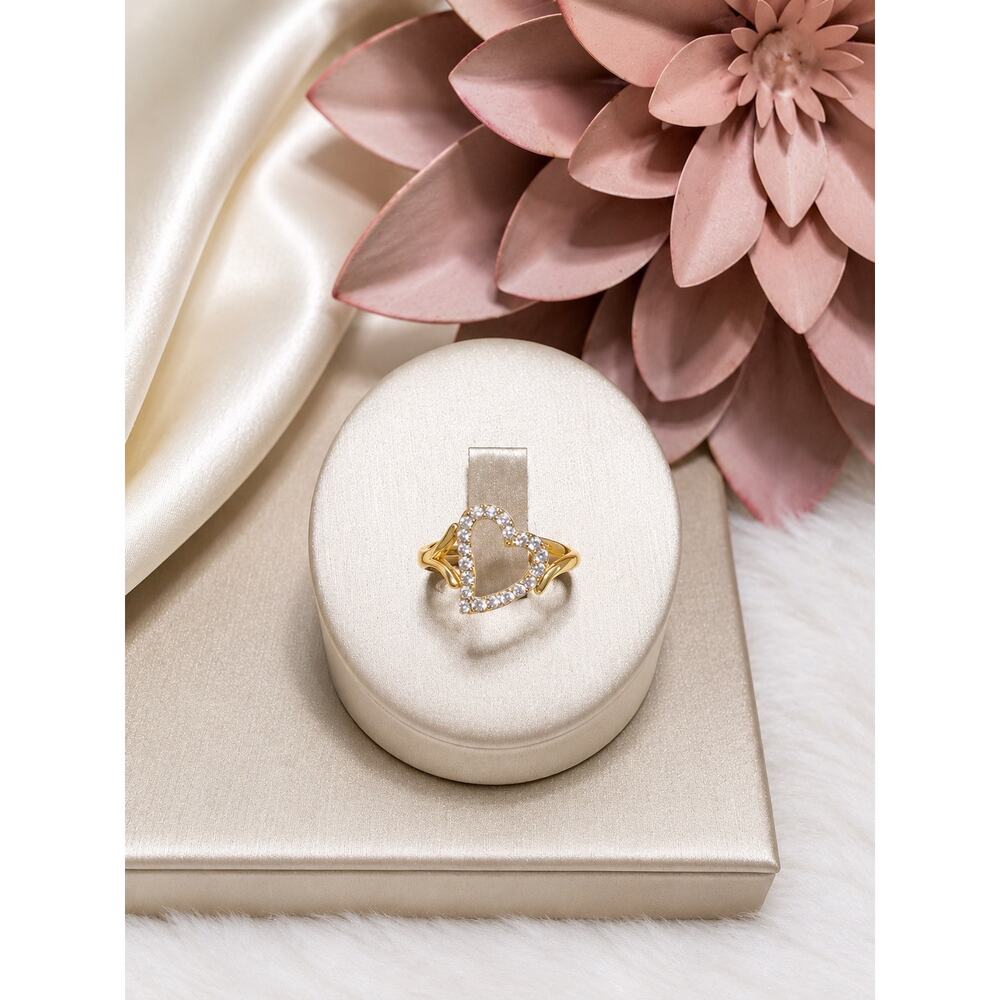 Adjustable Gold Tone Heart Ring CZ Crystal Open Heart Fashion Jewelry Gift